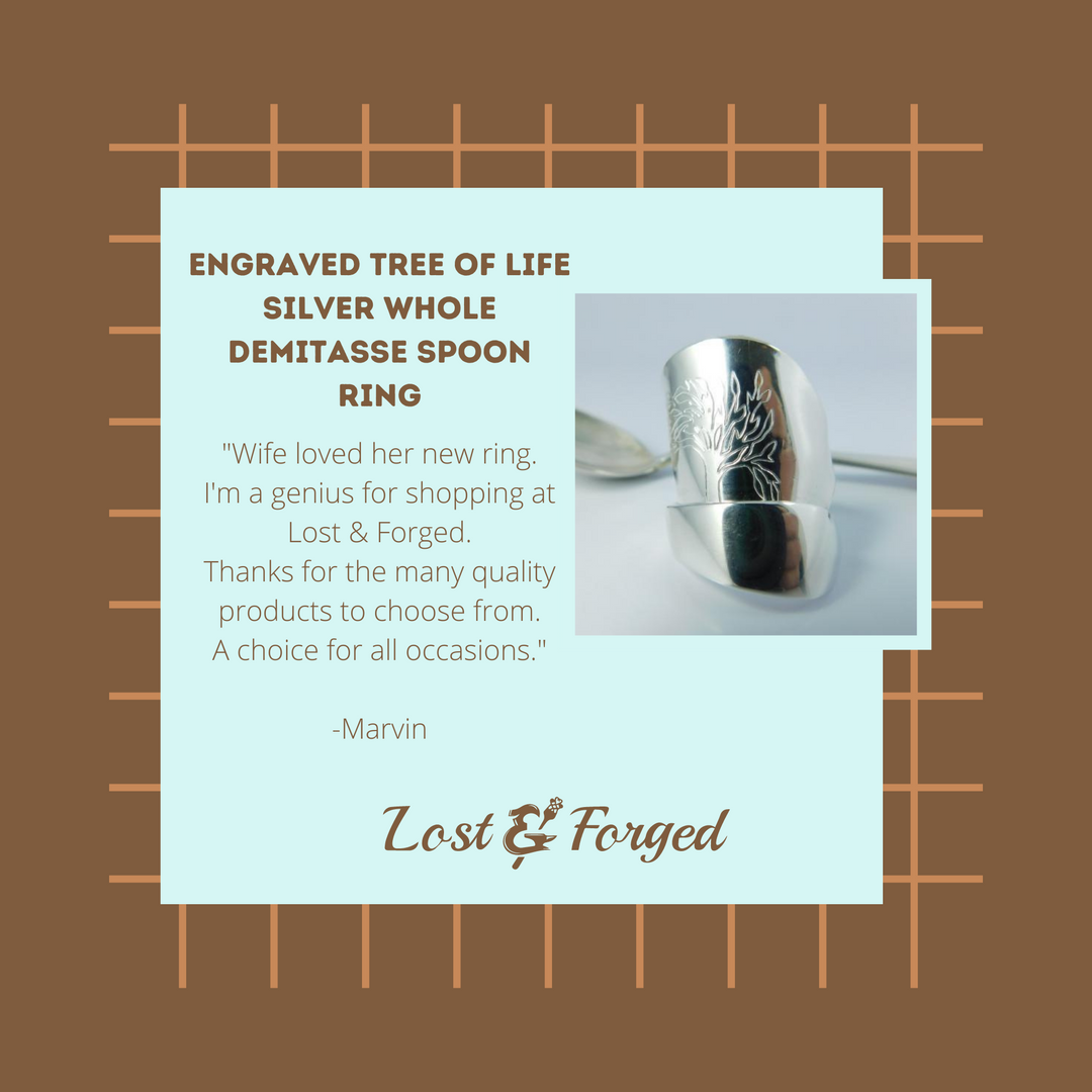 Engraved Tree of Life Silver Whole Demitasse Spoon Ring