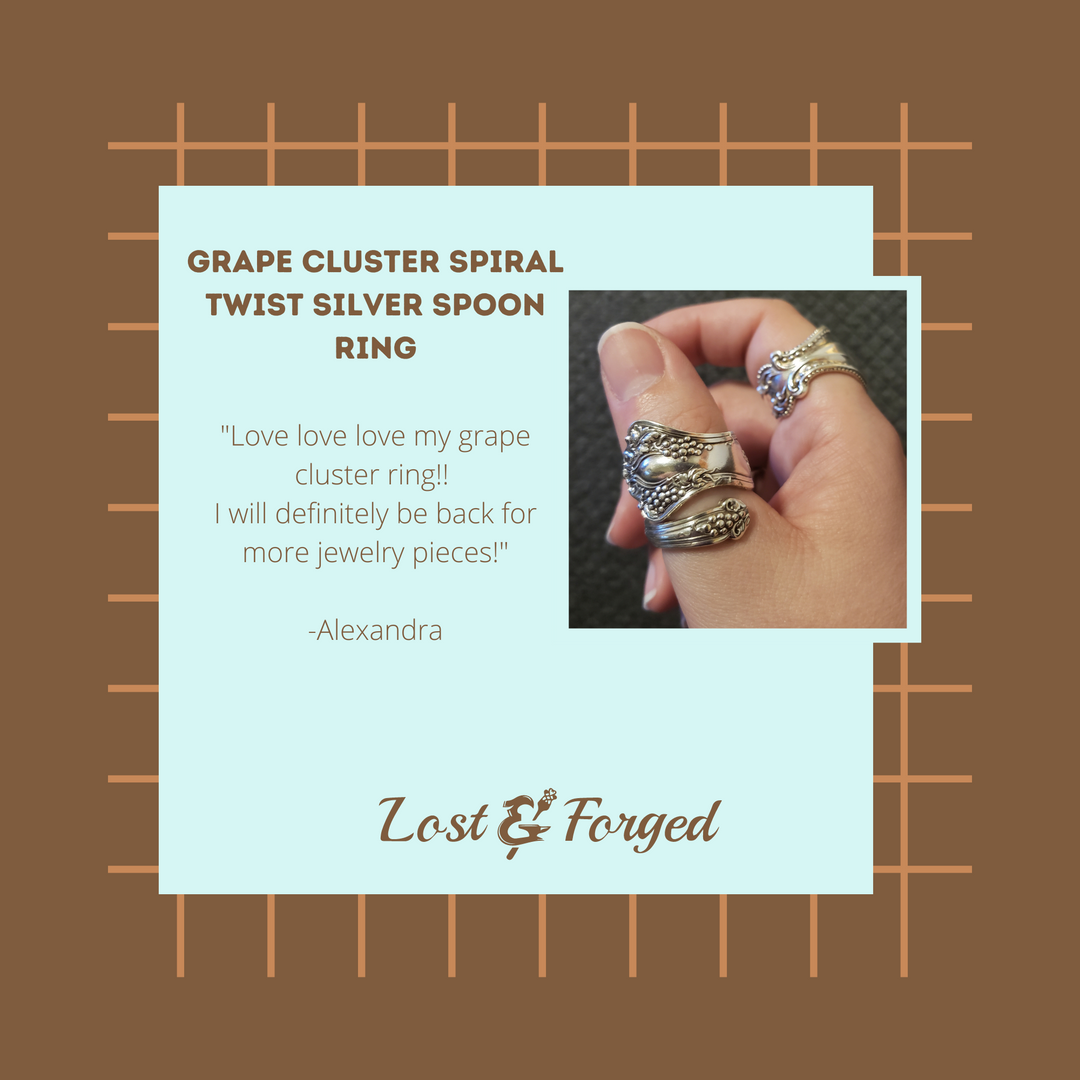 Grape Cluster Spiral Twist Silver Spoon Ring