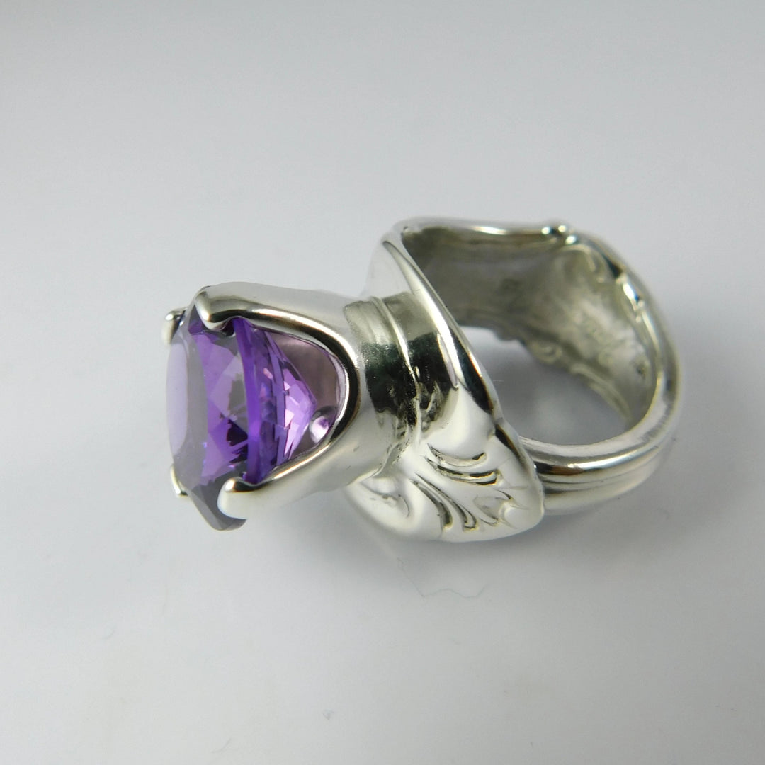 Amethyst Princess Spoon Ring, Sterling Silver with Prong-Set Natural Amethyst Gemstone