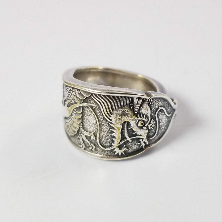 Dragon Spoon Ring, Classic Band Shape, Silver & Brass