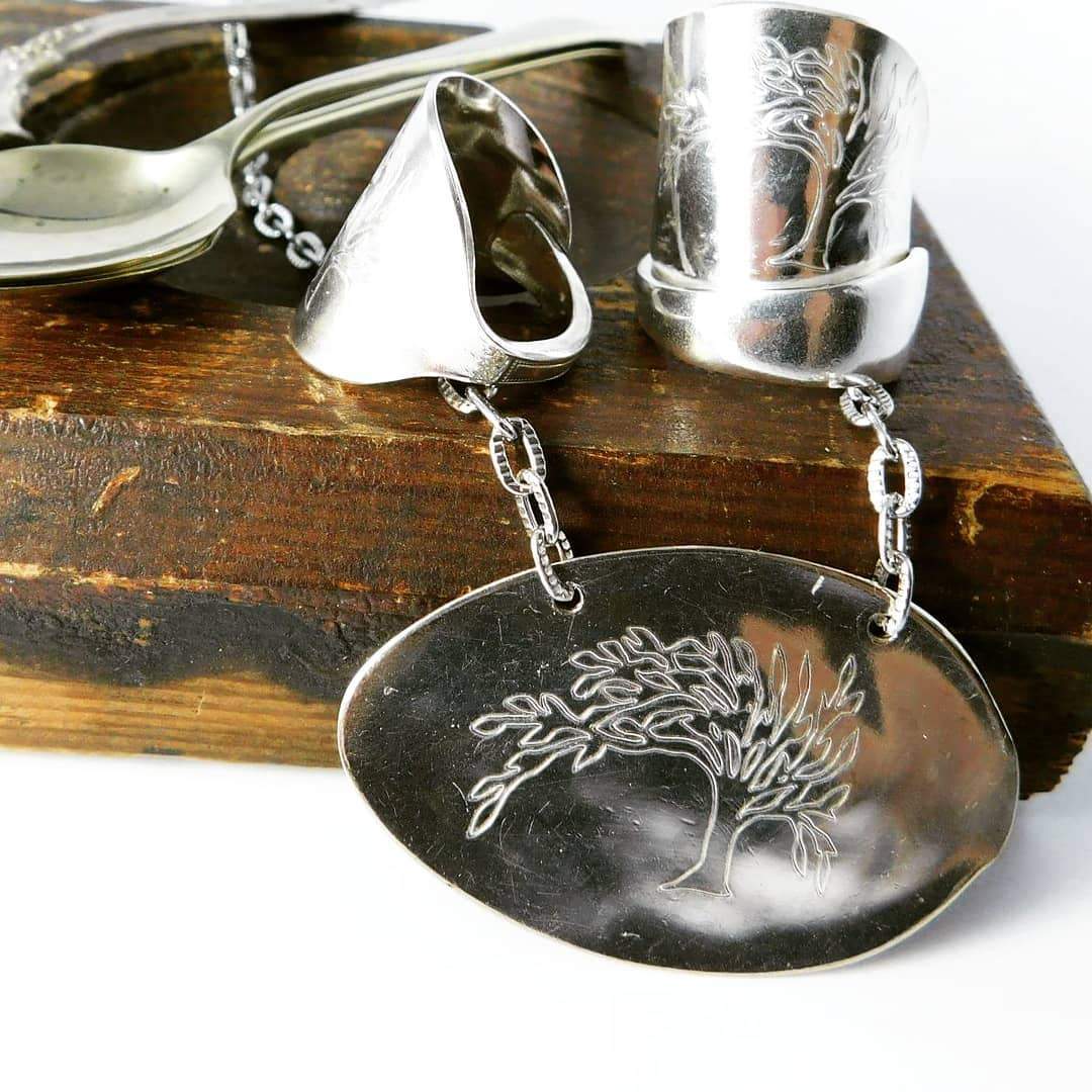 Engraved Tree of Life Silver Whole Demitasse Spoon Ring
