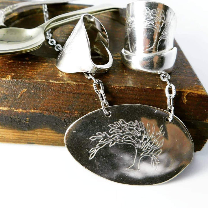 Engraved Tree of Life Silver Whole Demitasse Spoon Ring