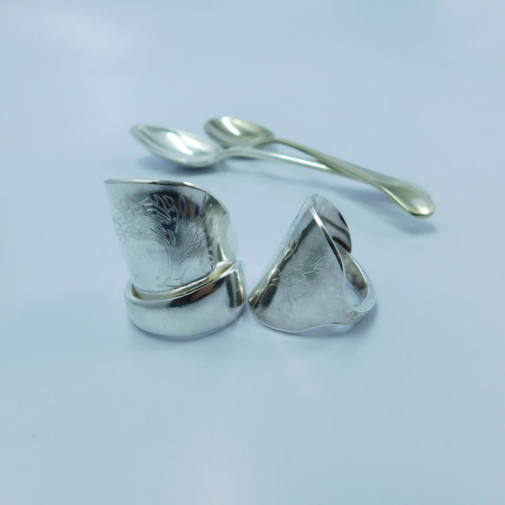 Engraved Tree of Life Silver Whole Demitasse Spoon Ring