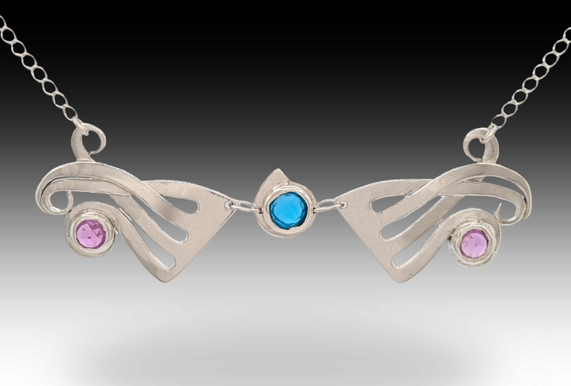 Wings Silver Fork Necklace with Blue Topaz & Pink Sapphire Gemstones