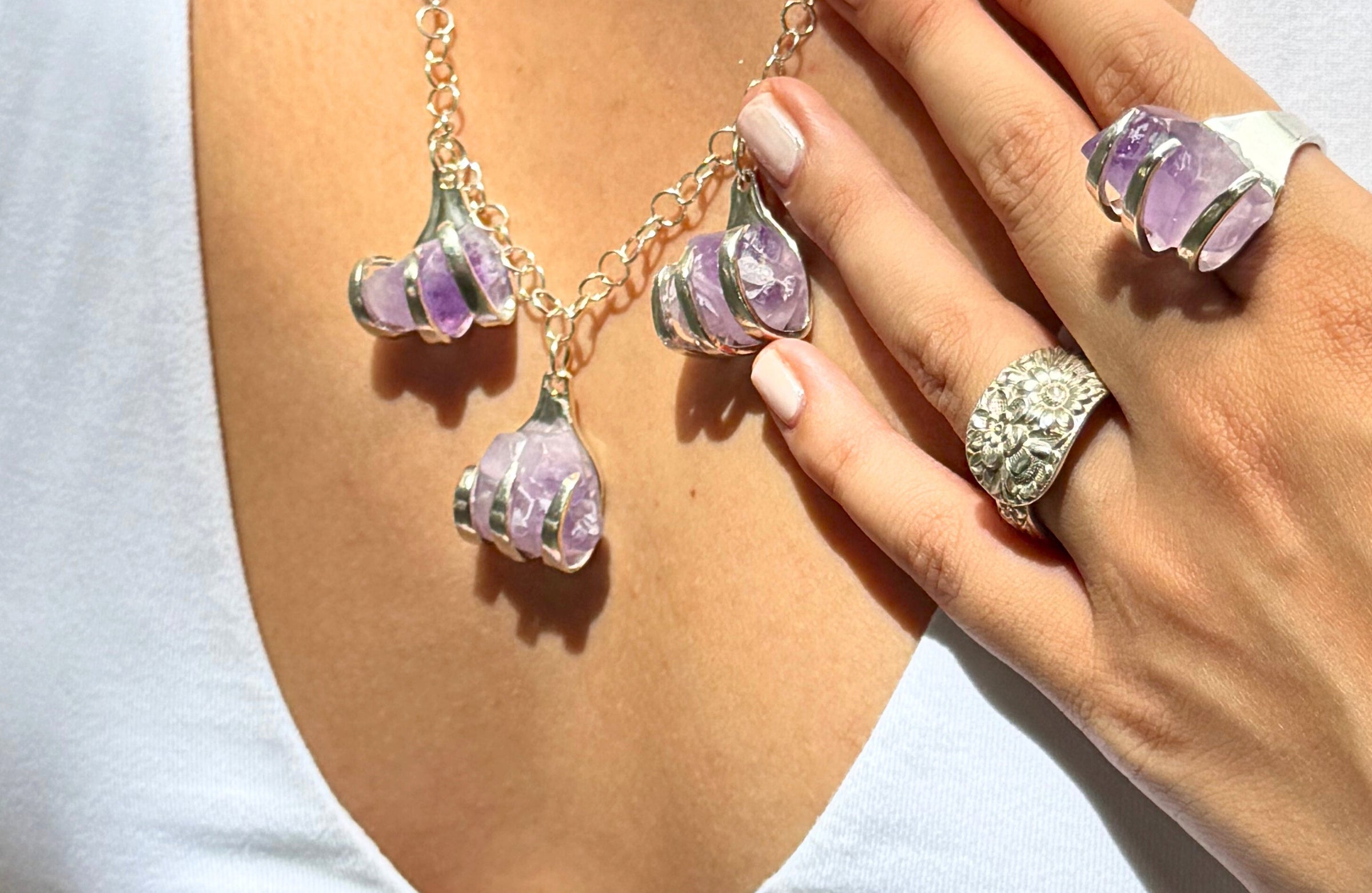 Silver Spoon Ring Fork Ring w Amethyst Crystal LostAndForged