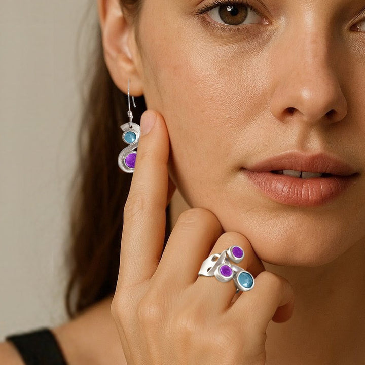 Gemstone fork ring and fork earrings on model