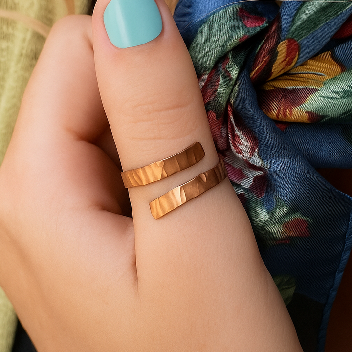 Copper Spiral Hammer Textured Adjustable Ring, Wide Style