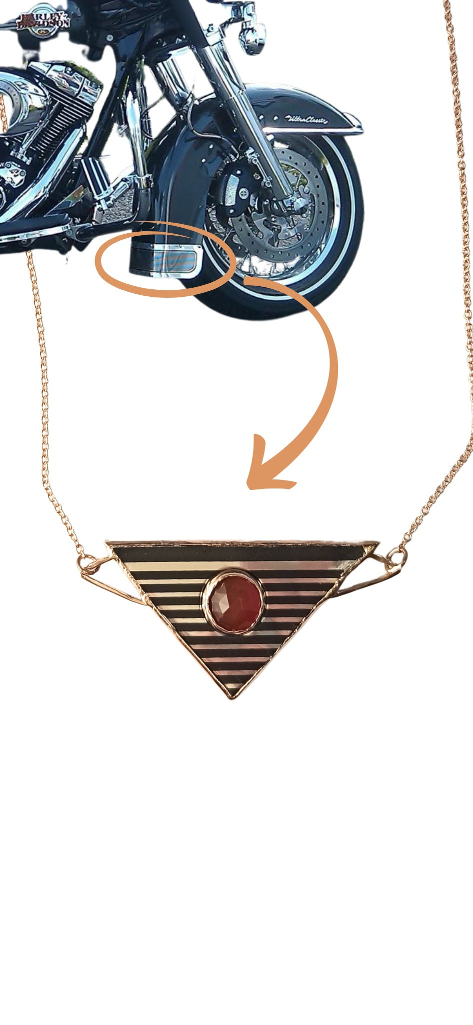 Harley Davidson Motorcycle Fender Trim Necklace, with rose gold and carnelian
