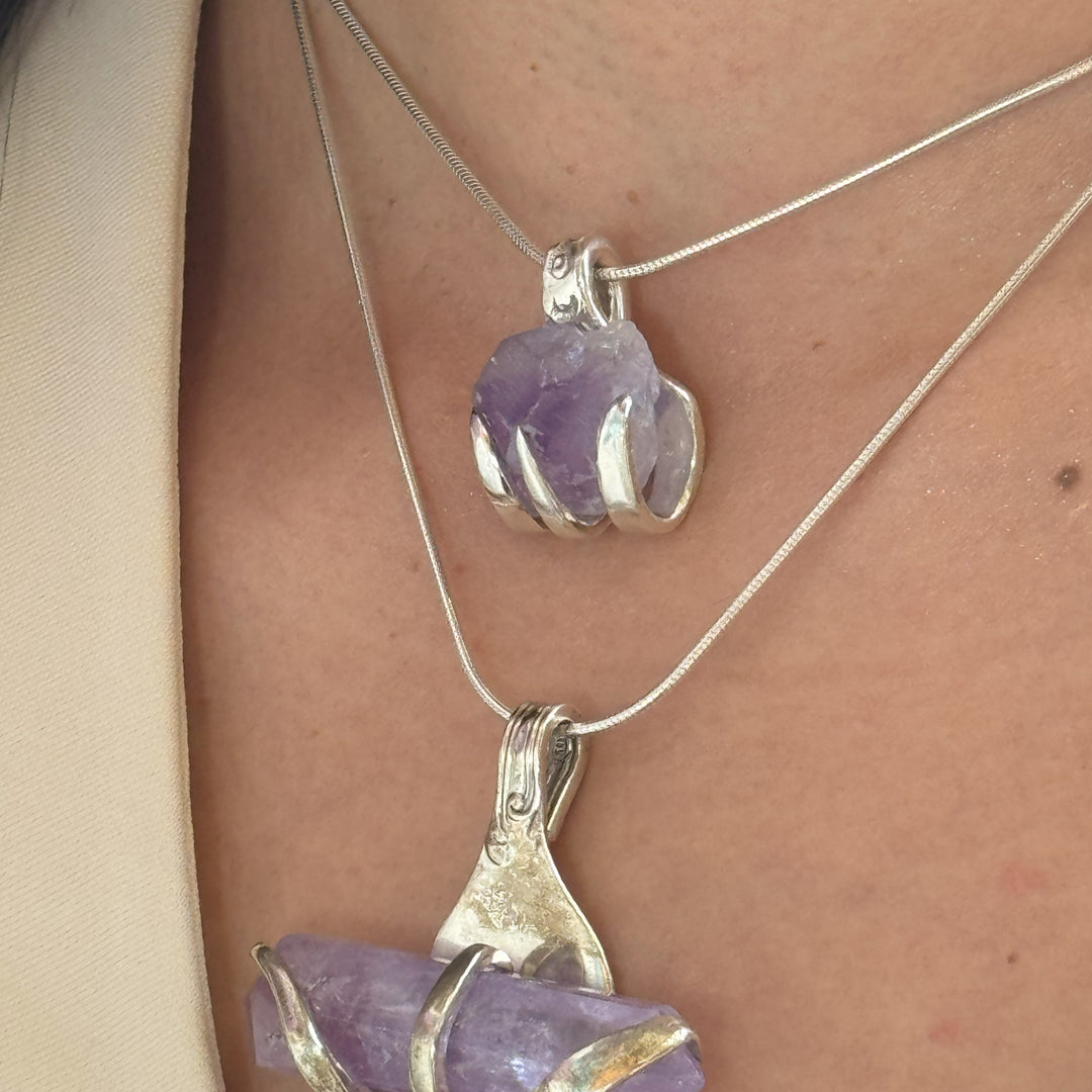 Amethyst Crystal Silverware Pendant Necklace - "Fork Rock"