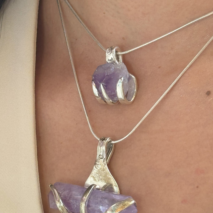 Amethyst Crystal Silverware Pendant Necklace - "Fork Rock"