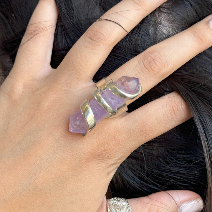 Amethyst Crystal Spoon Ring - "Fork Rock Ring"