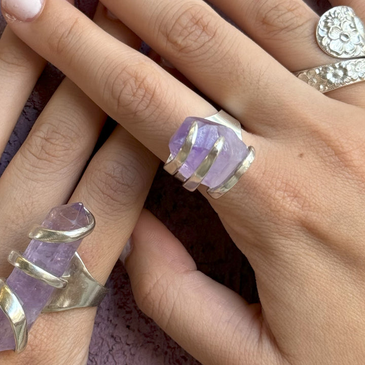 Amethyst Silver Spoon Ring - "Fork Rock Ring"