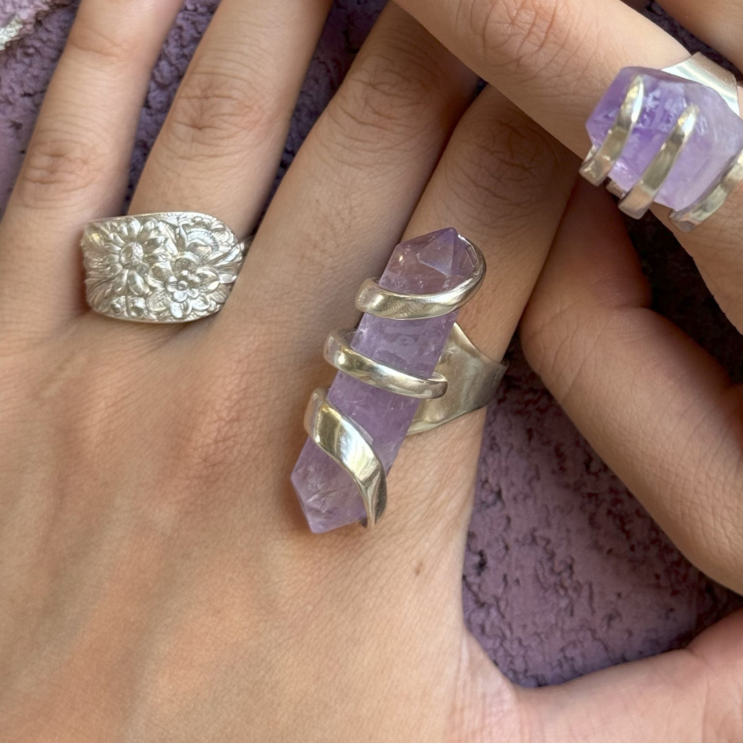 Amethyst Crystal Spoon Ring - "Fork Rock Ring"