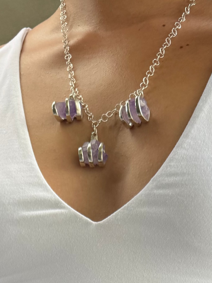 Amethyst Silverware Jewelry Necklace - "Triple Fork Rock"