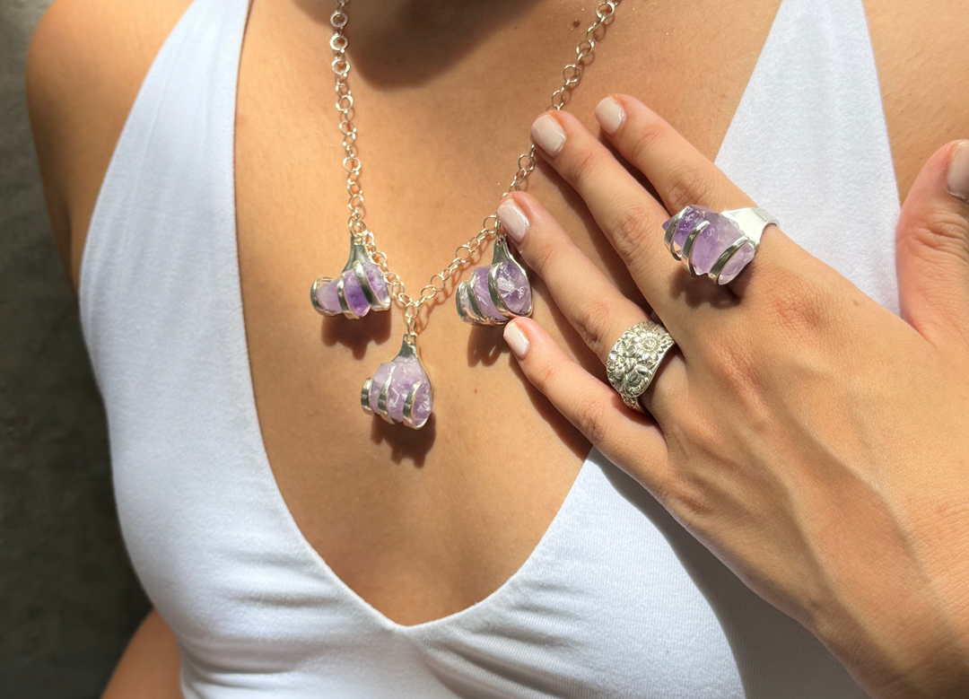 Amethyst Silverware Jewelry Necklace - "Triple Fork Rock"