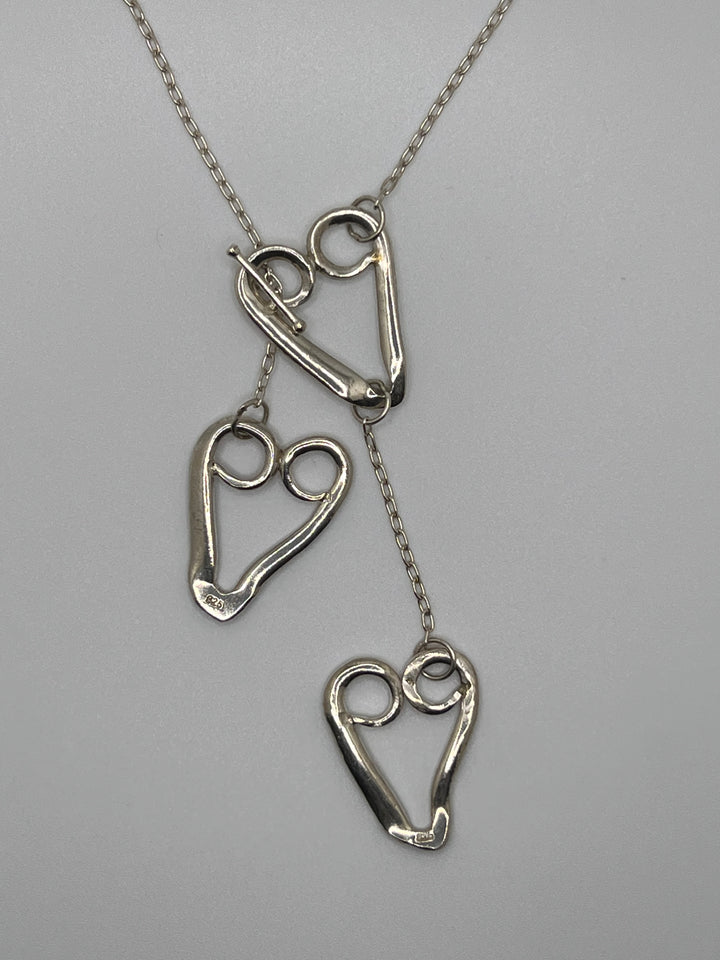 Cascading Hearts Silver Fork Tine Lariat Necklace - Loopy Hearts