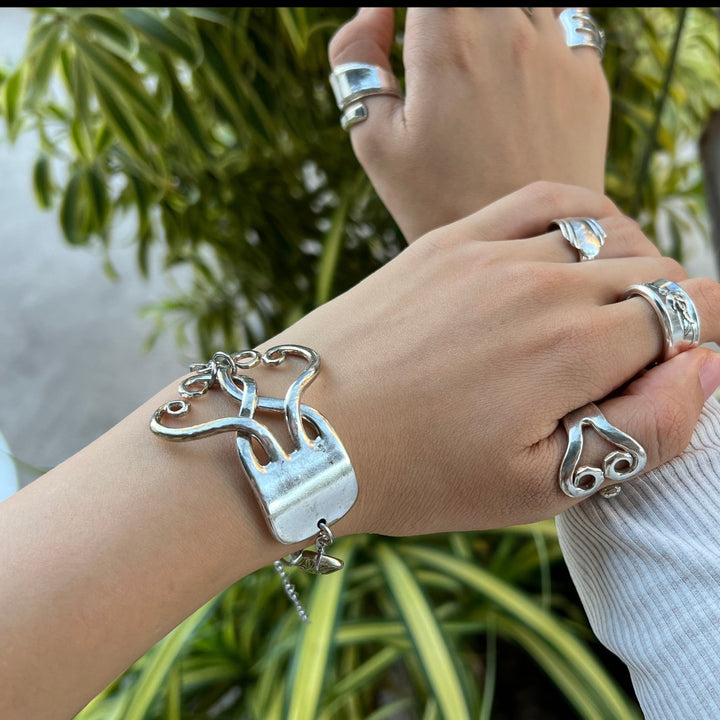 Linked Hearts Silver Fork Bracelet - Adjustable Loopy Hearts
