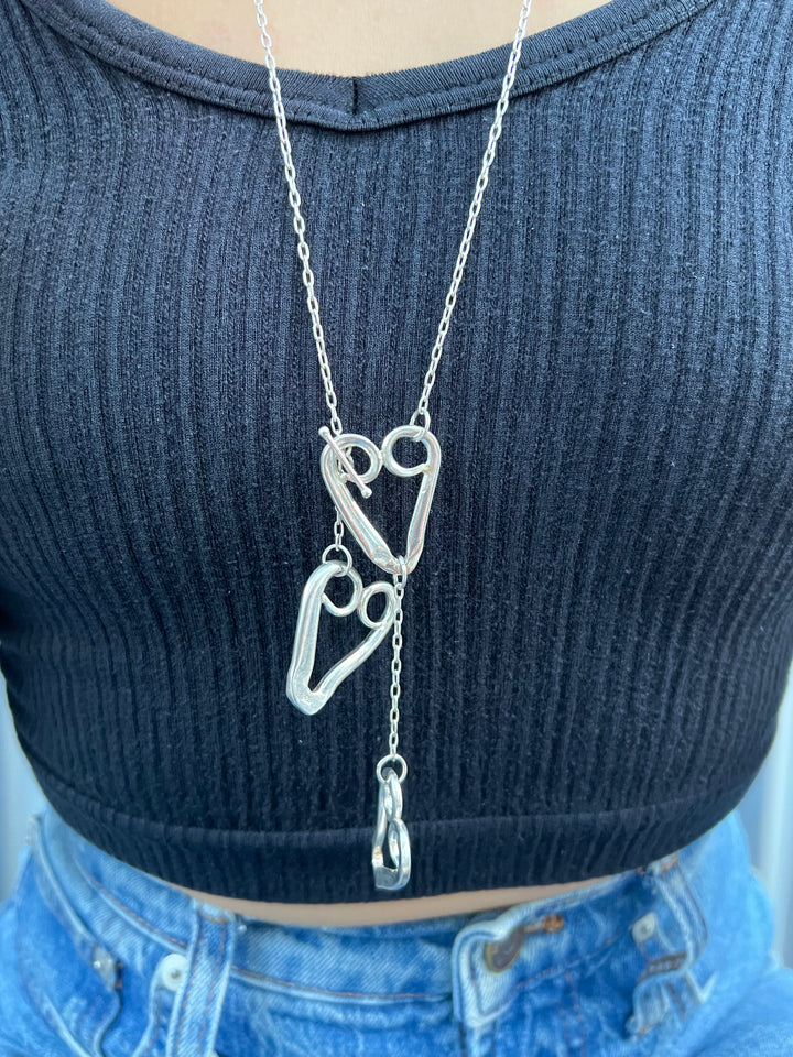 Cascading Hearts Silver Fork Tine Lariat Necklace - Loopy Hearts