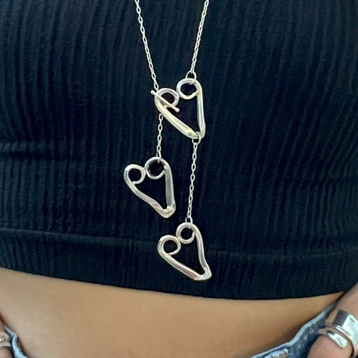 Cascading Hearts Silver Fork Tine Lariat Necklace - Loopy Hearts