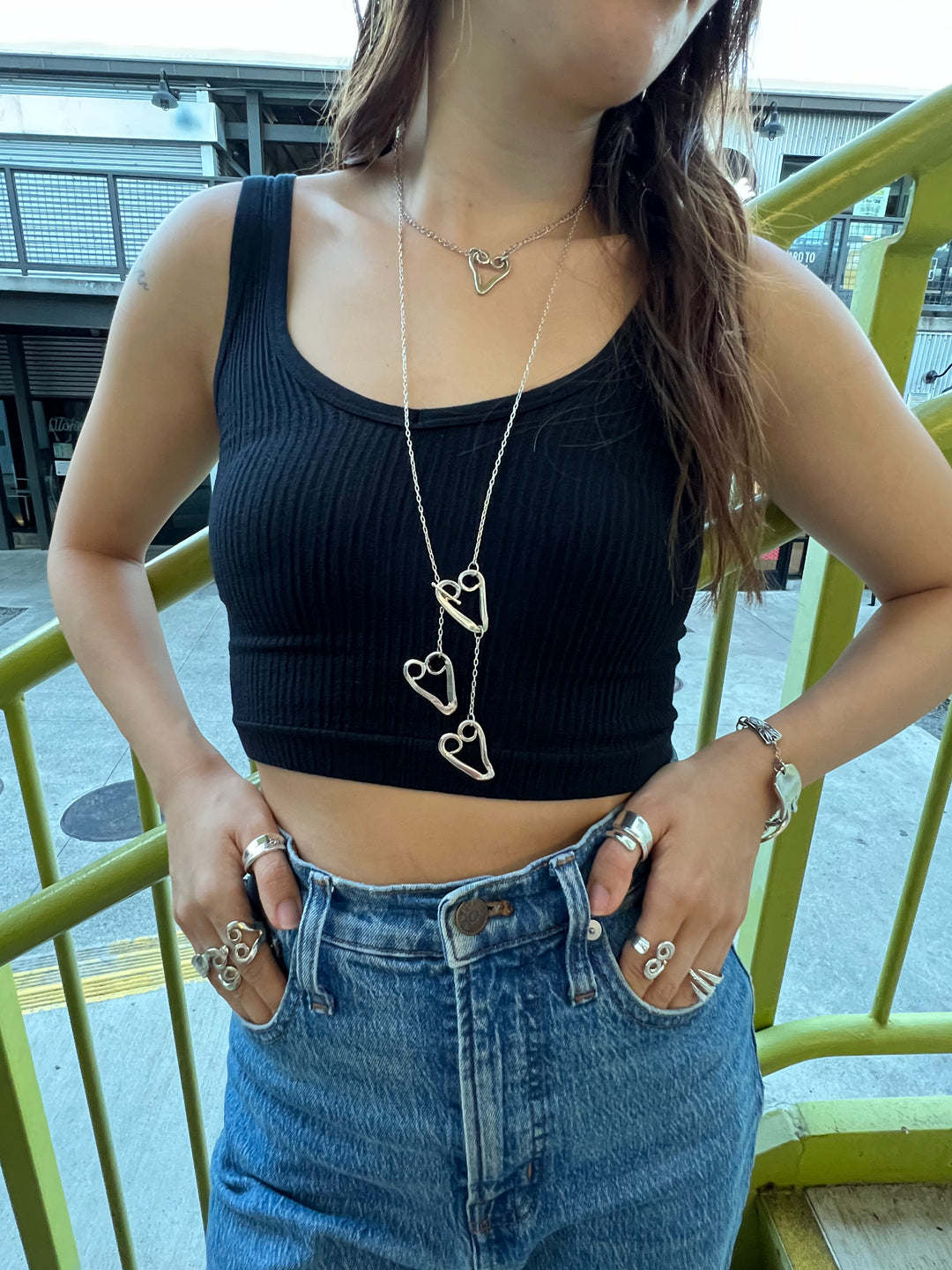 Cascading Hearts Silver Fork Tine Lariat Necklace - Loopy Hearts