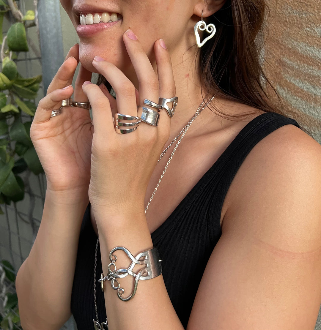 Silver Heart Fork Tine Earrings - 'Loopy Hearts'