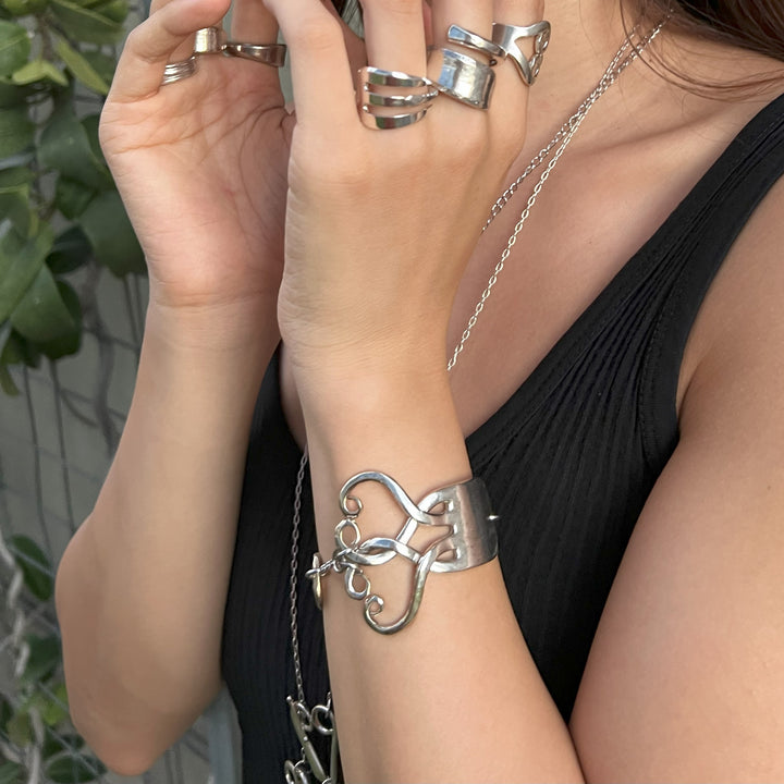 Linked Hearts Silver Fork Bracelet - Adjustable Loopy Hearts