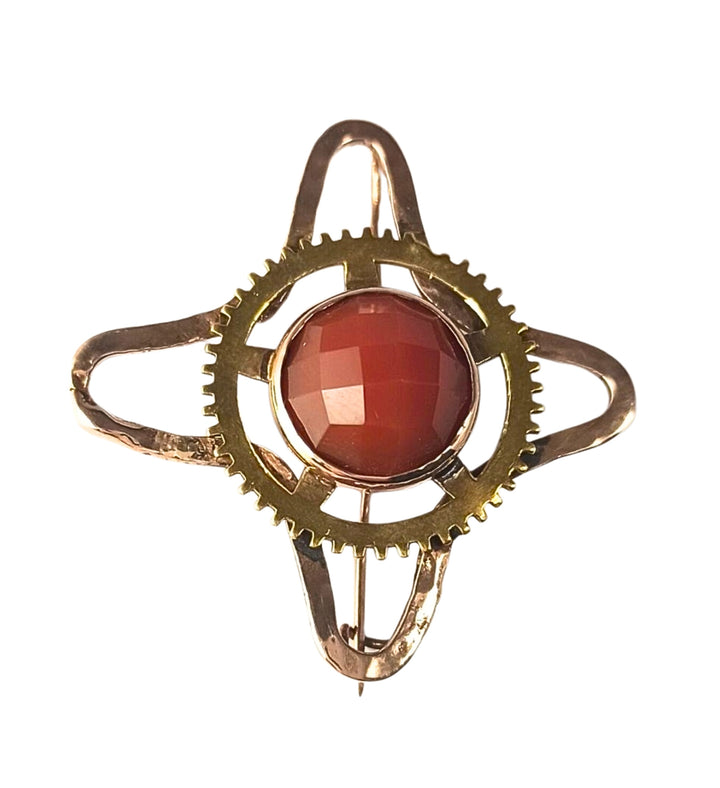 Clock Gear Brooch Pin, with Rose Gold & Carnelian