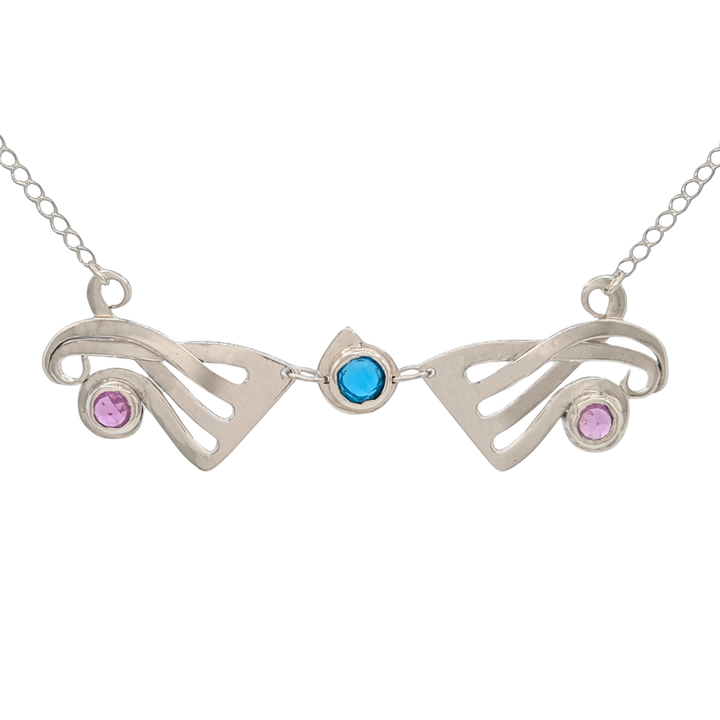 Wings Fork Necklace, Sterling Silver with Gemstones