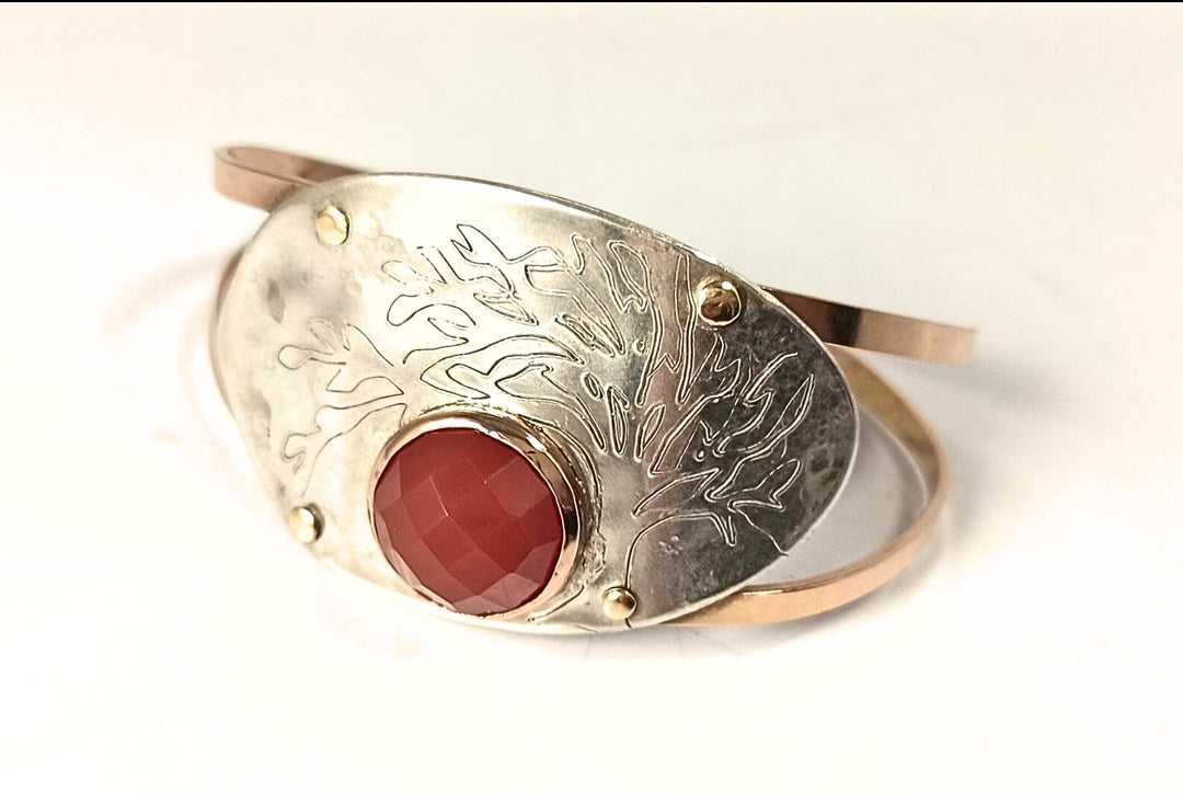 SOLD OUT - Engraved Tree of Life Spoon Bracelet, with Rose Gold and Carnelian