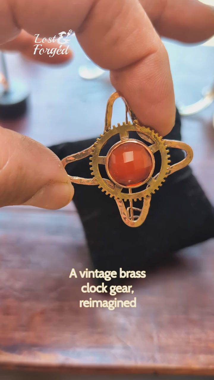 Clock Gear Brooch Pin, with Rose Gold & Carnelian