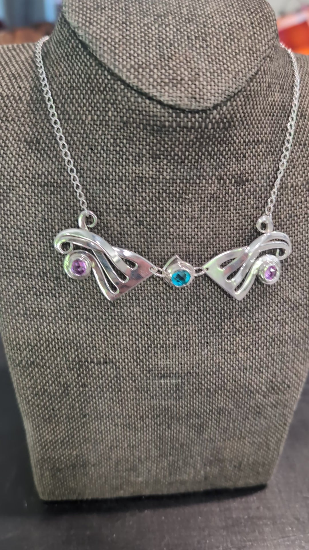 Wings Fork Necklace, Sterling Silver with Gemstones