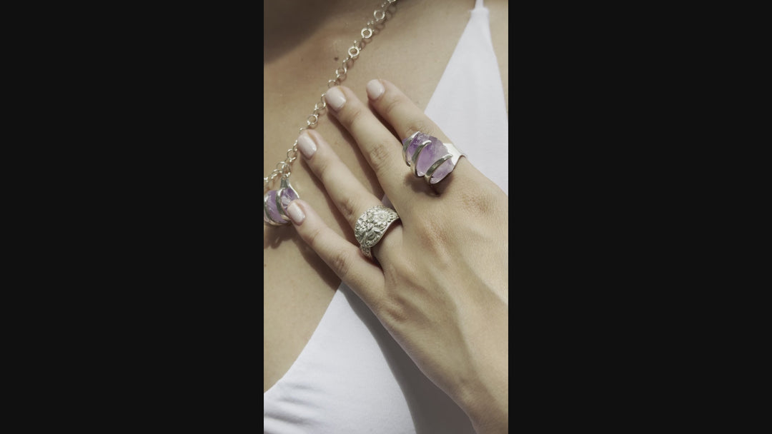 Amethyst Silver Spoon Ring - "Fork Rock Ring"