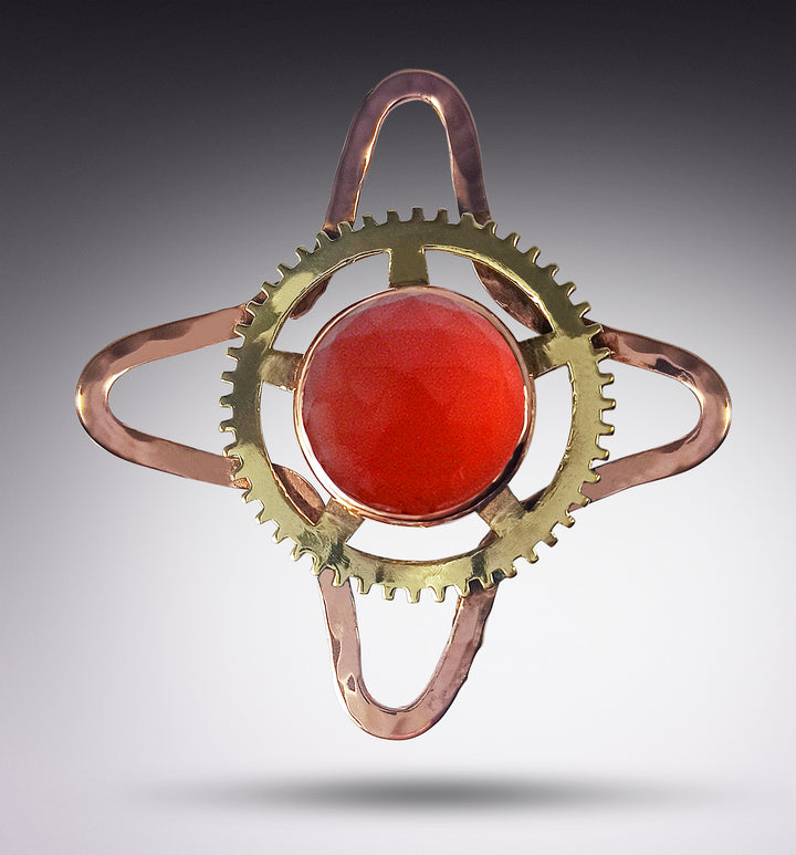 Clock Gear Brooch Pin, with Rose Gold & Carnelian
