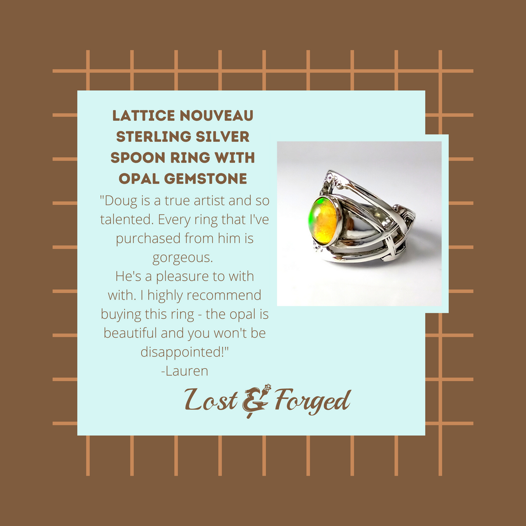 Lattice Nouveau Sterling Silver Spoon Ring with Opal Gemstone