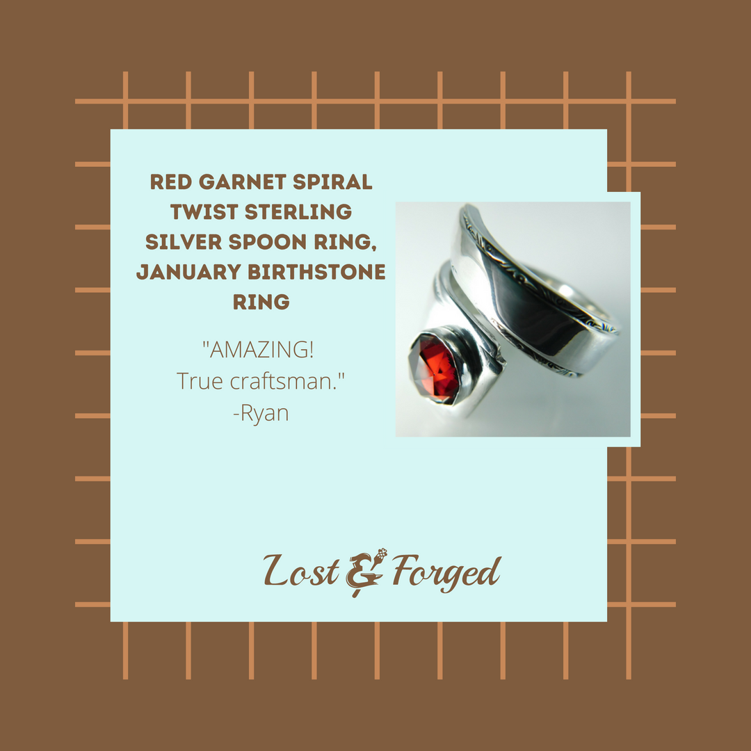 Red Garnet Spiral Twist Sterling Silver Spoon Ring, January Birthstone Ring