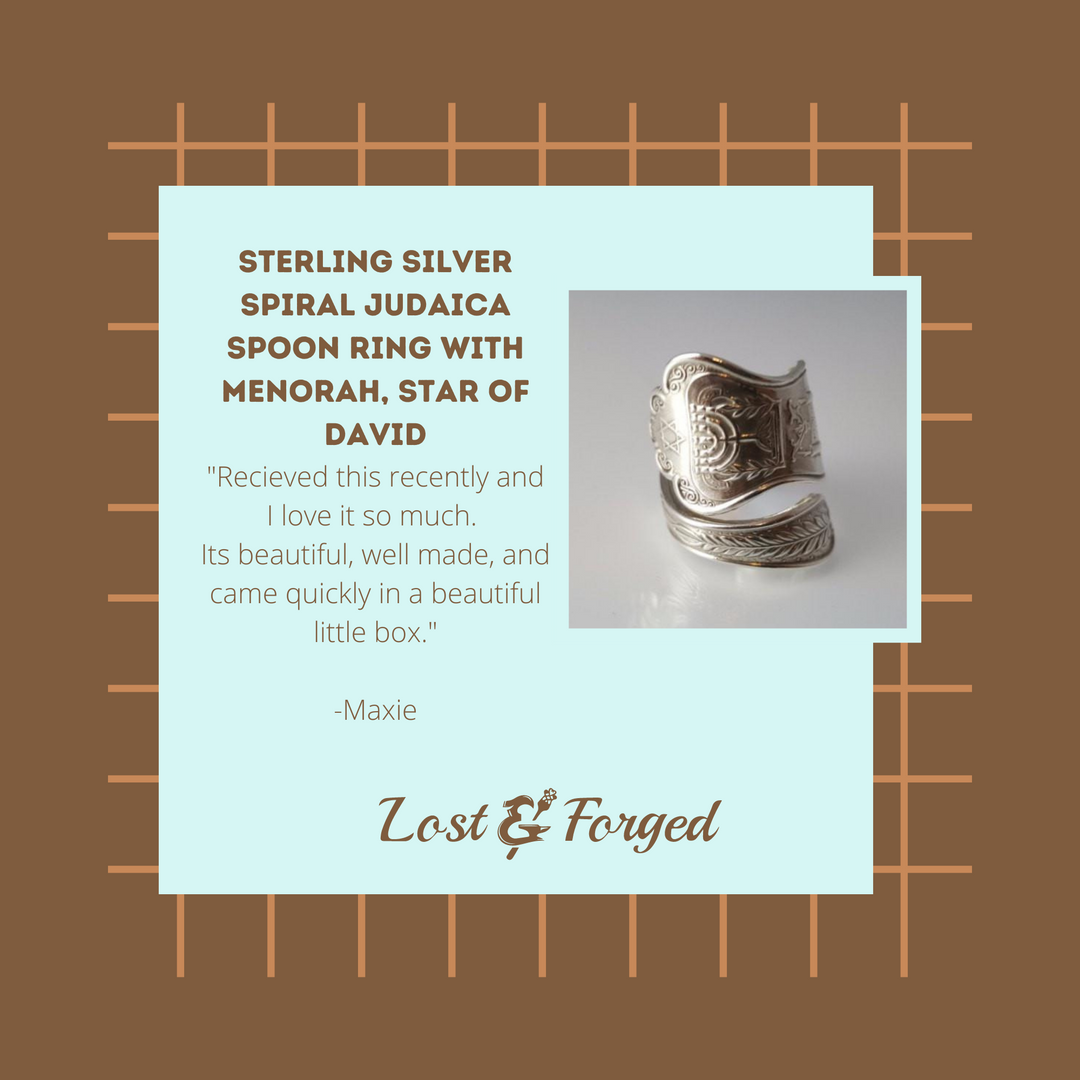Sterling Silver Spiral Judaica Spoon Ring with Menorah, Star of David