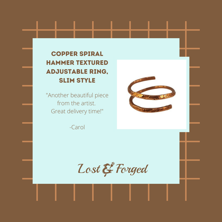 Copper Spiral Hammer Textured Adjustable Ring, Slim Style