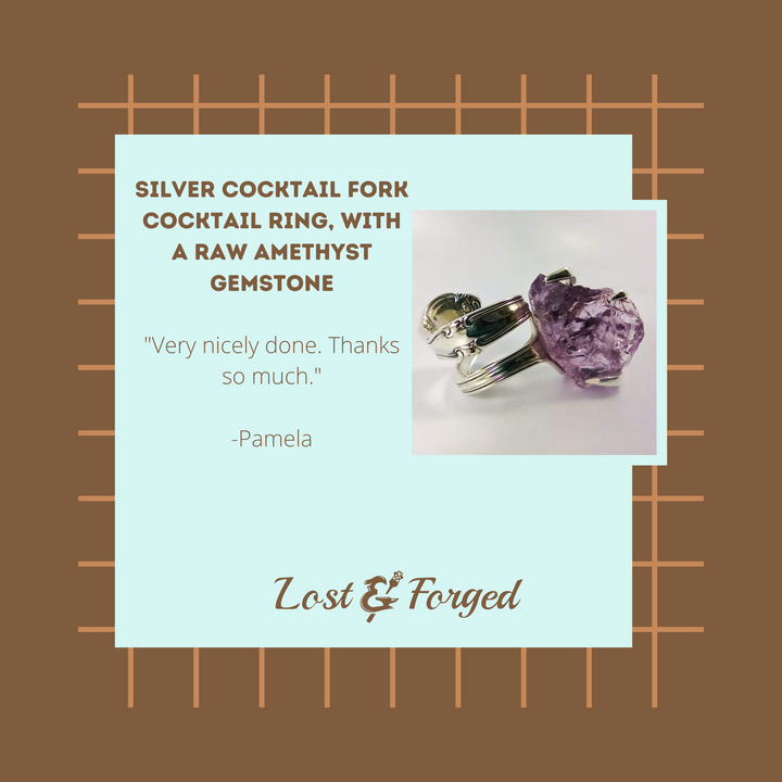 Silver Cocktail Fork Cocktail Ring, with a Raw Amethyst Gemstone