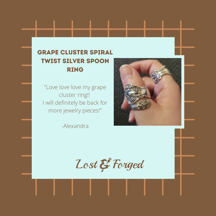 Grape Cluster Spiral Twist Silver Spoon Ring