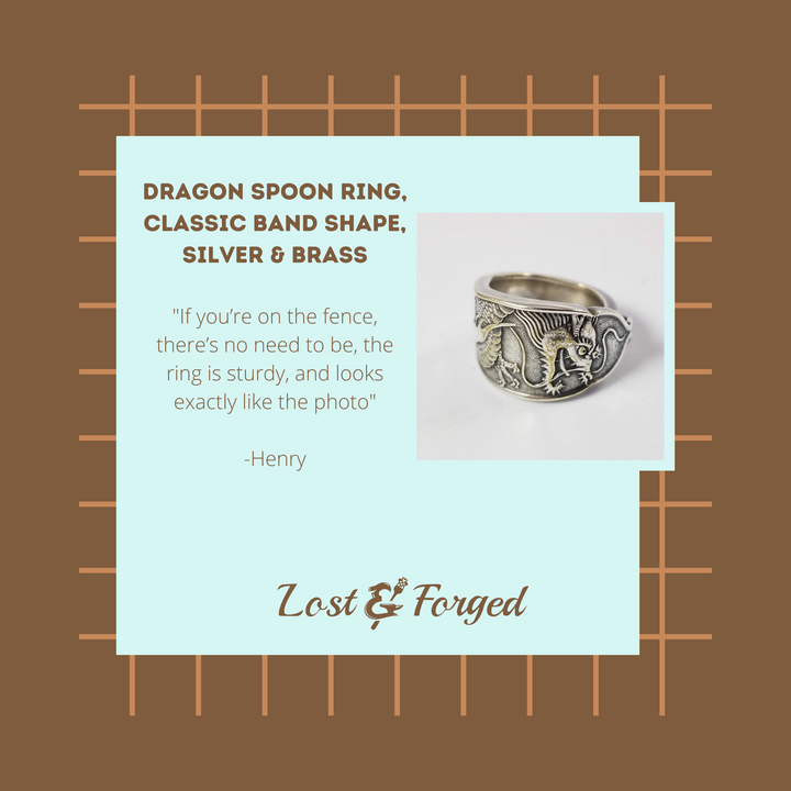 Dragon Spoon Ring, Classic Band Shape, Silver & Brass
