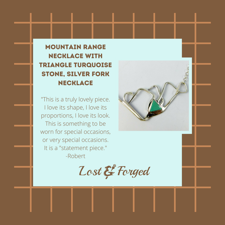 Mountain Range Necklace with Triangle Turquoise Stone, Silver Fork Necklace