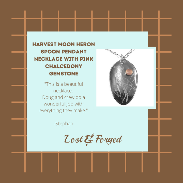 Harvest Moon Heron Spoon Pendant Necklace with Pink Chalcedony Gemstone