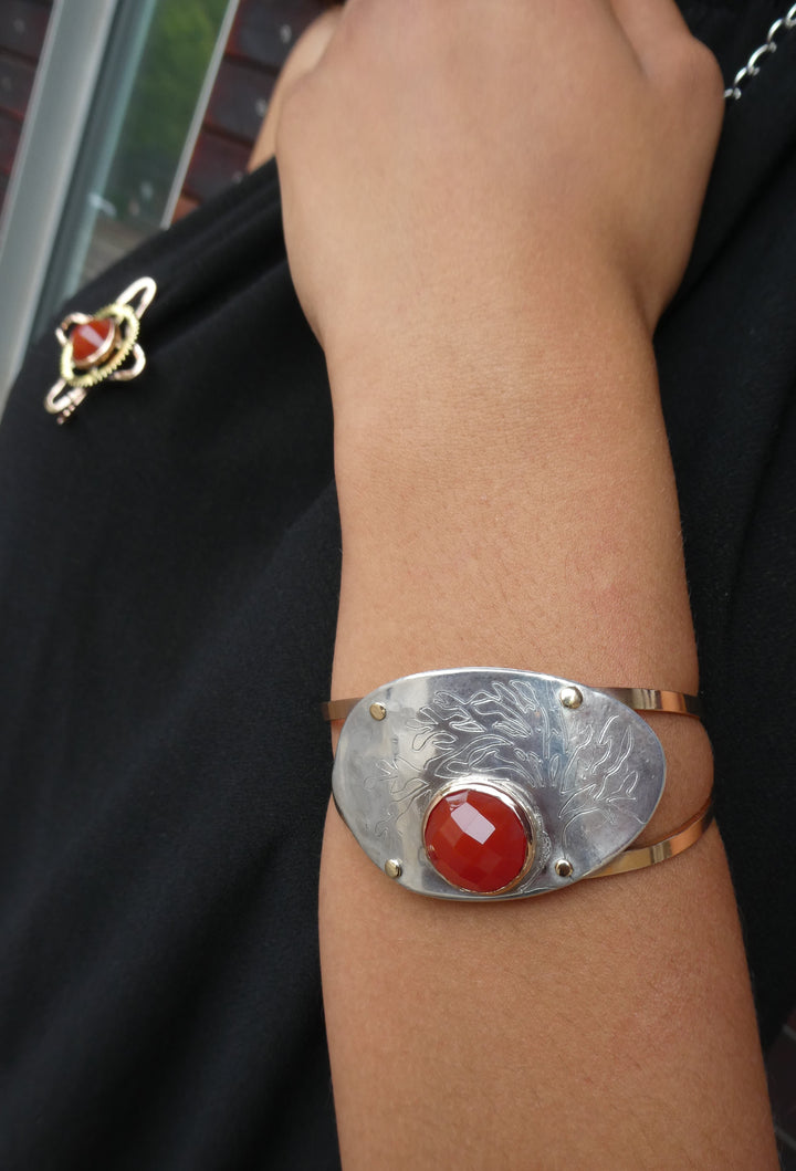 SOLD OUT - Engraved Tree of Life Spoon Bracelet, with Rose Gold and Carnelian