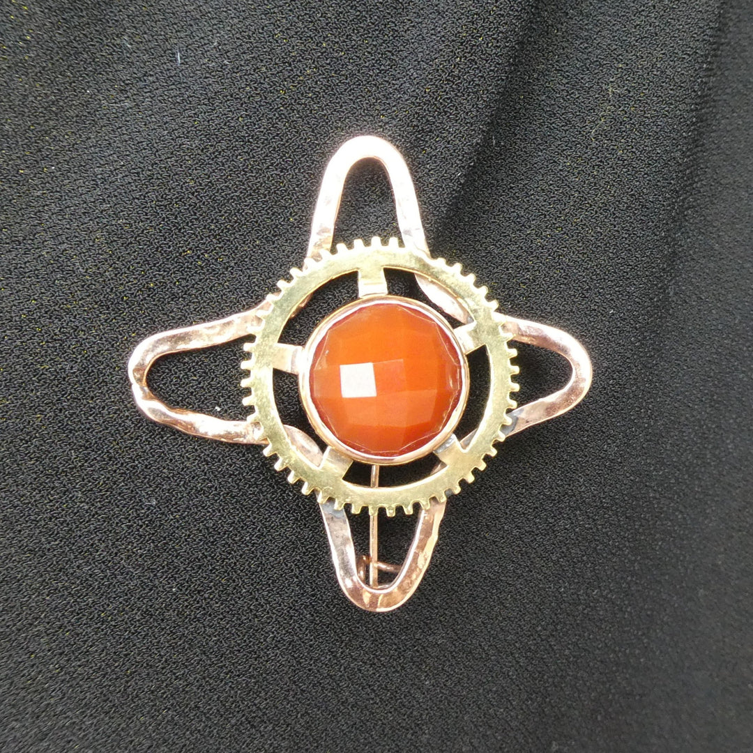 Rose Gold Brooch with Clock Gear and carnelian