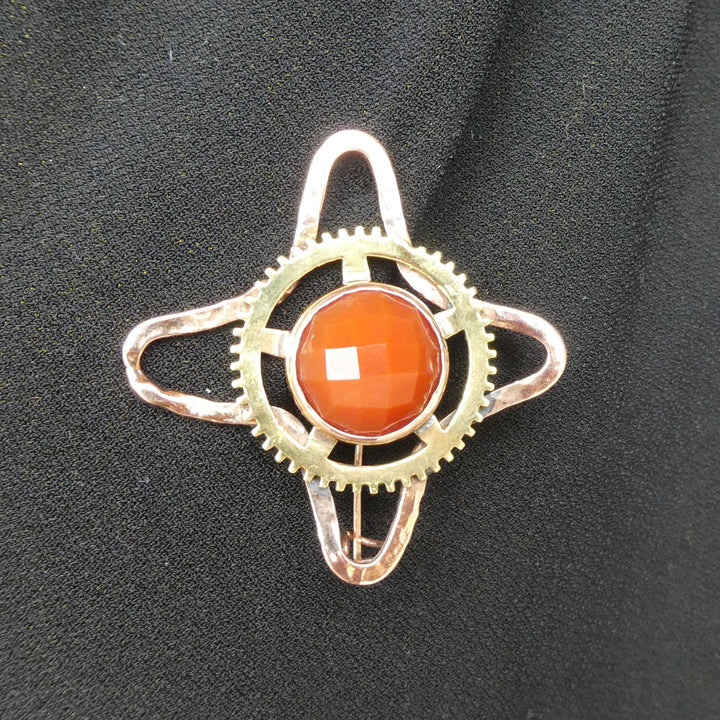 Rose Gold Brooch with Clock Gear and carnelian