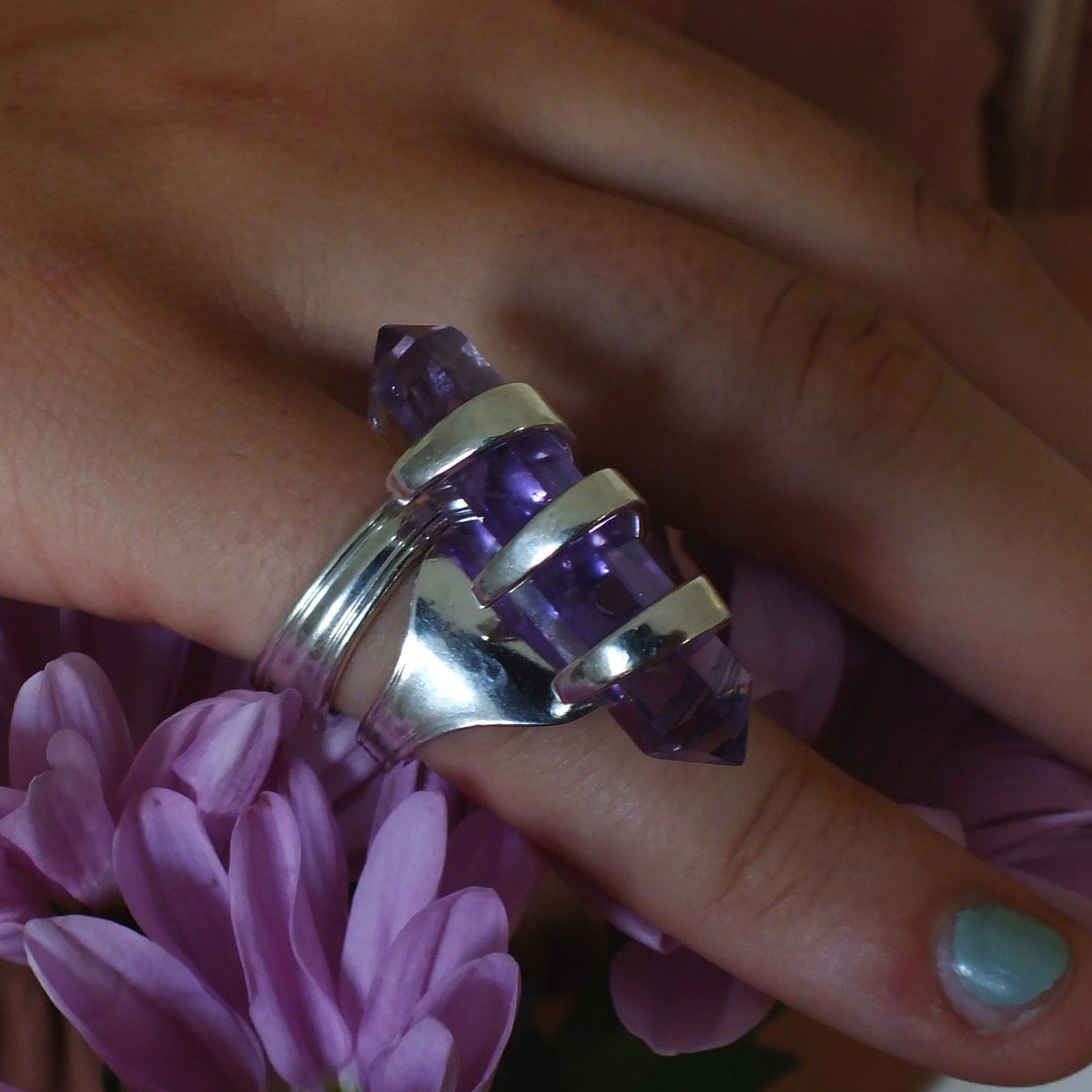 Amethyst Crystal Cocktail Fork Cocktail Ring