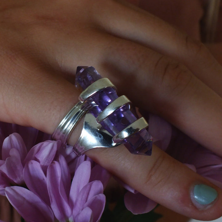 Amethyst Crystal Cocktail Fork Cocktail Ring