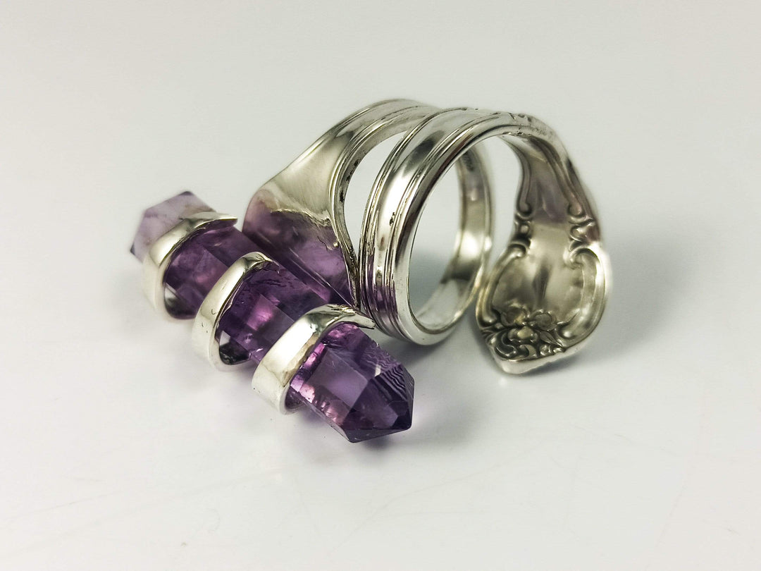 Amethyst Crystal Gold Cocktail Fork Cocktail Ring
