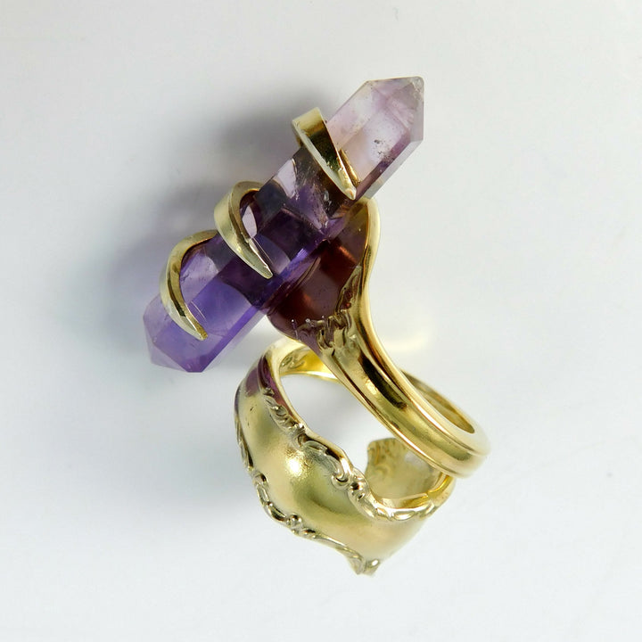 Gold Spoon Ring Fork Ring w Amethyst Crystal LostAndForged