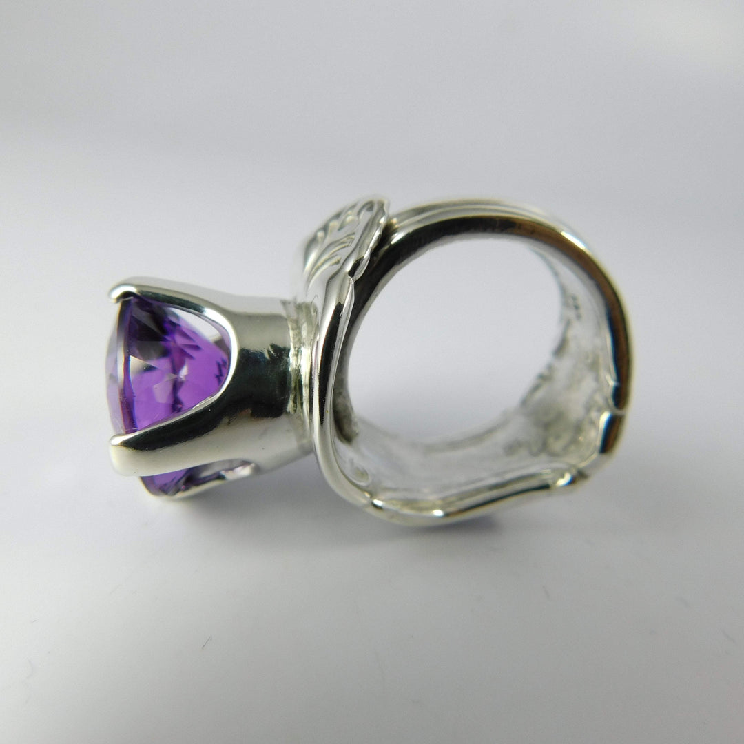 Amethyst Princess Spoon Ring, Sterling Silver with Prong-Set Natural Amethyst Gemstone